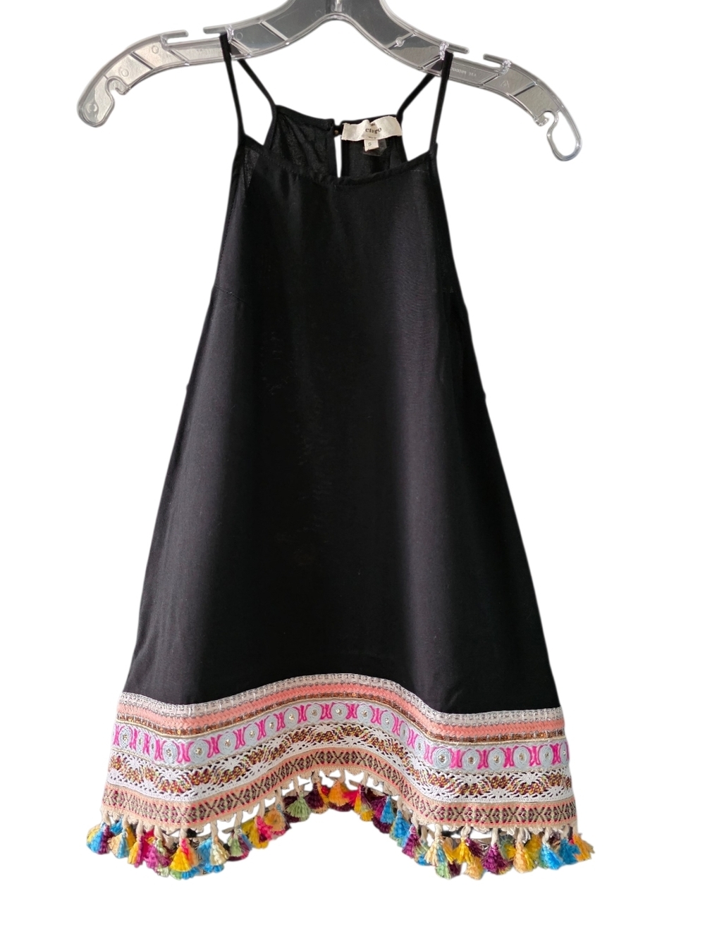entro Black Sleeveless Top with Decorative Tassel Hem Size Small